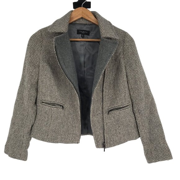 Talbots 2P Gray Tweed Moto Jacket Blazer Full Zip Wool Blend Pockets Metallic - Picture 4 of 14